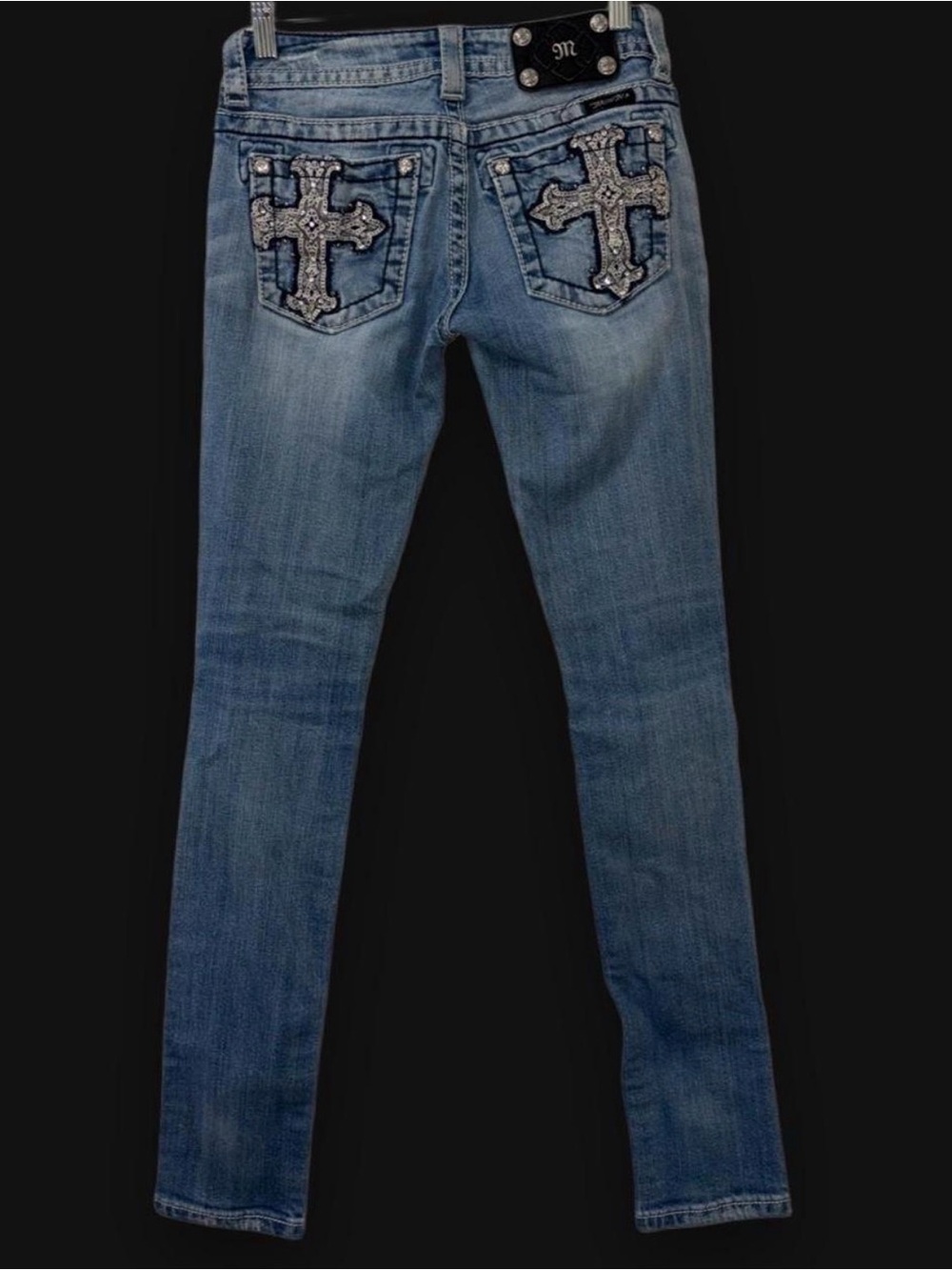 Miss Me Embellished Cross Pocket Skinny Jeans - Mid Blue
